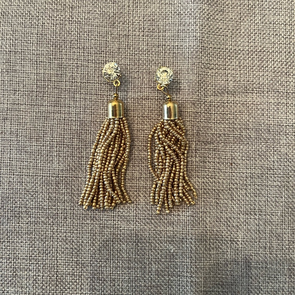 ✨ Gold Beaded Tassel Earrings with Rhinestone Accent – Elegant Statement Dangle✨ - Picture 2 of 4